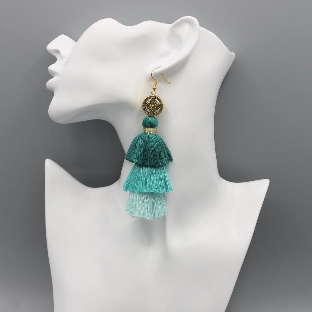 Jewelry earrings drop dangle tassel boho style gold mint elegant beautiful long - Picture 3 of 9